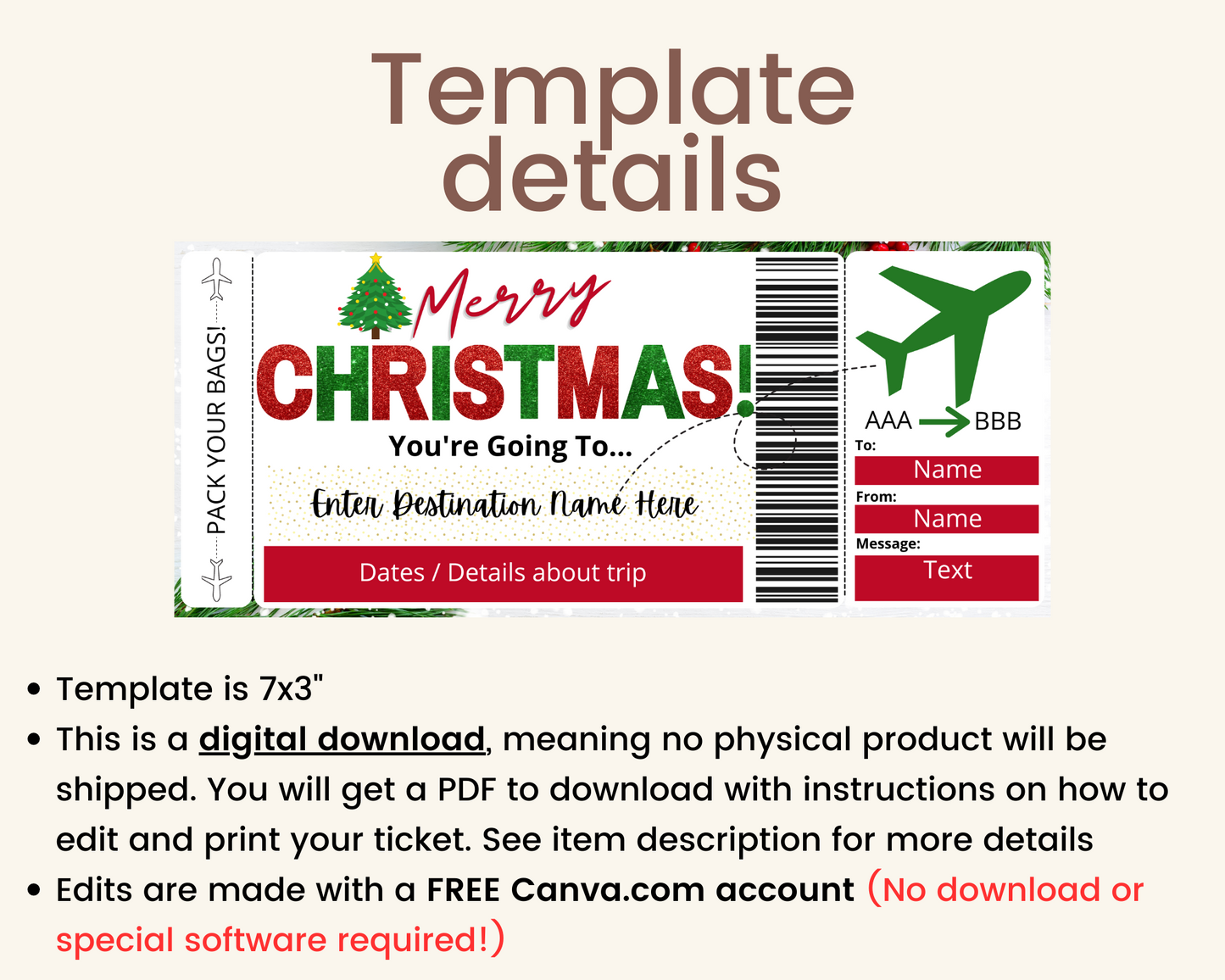 Christmas Surprise Flight Ticket Template