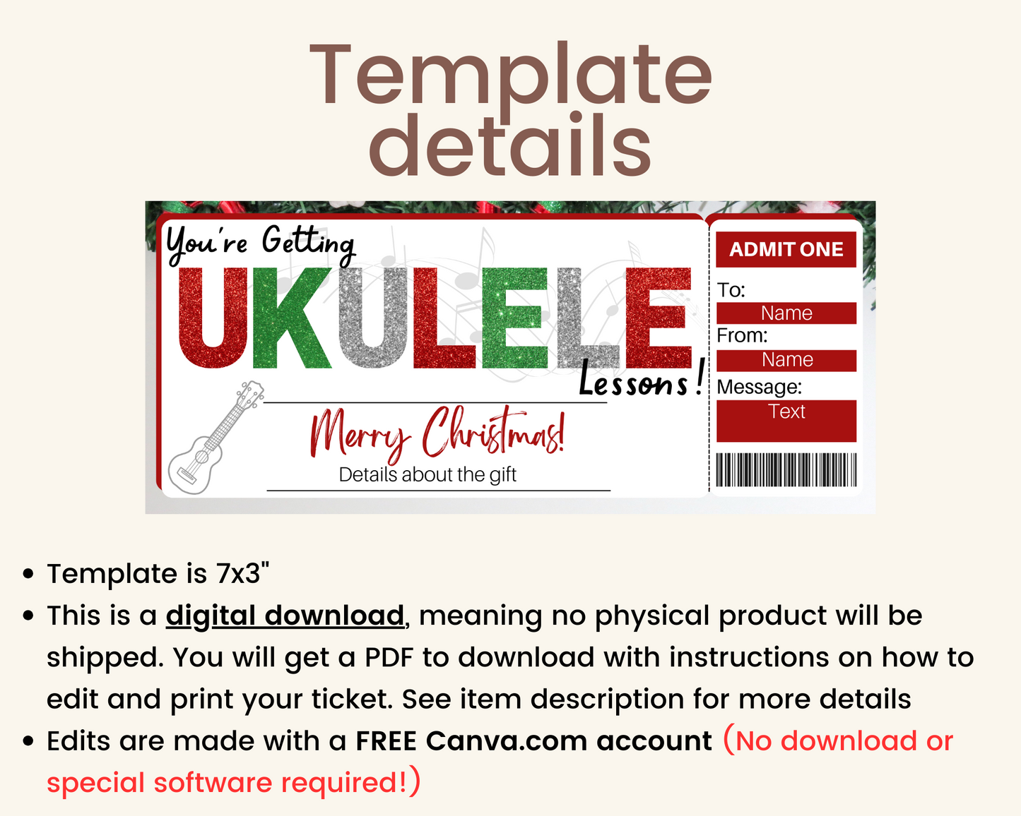 Christmas Ukulele Lessons Gift Ticket Template