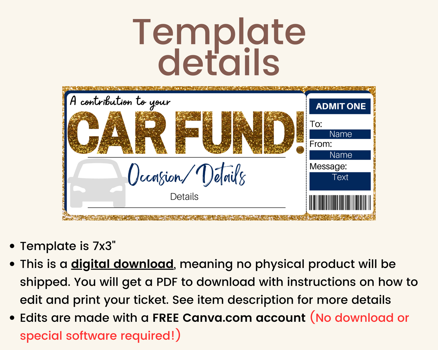 Car Fund Gift Ticket Template