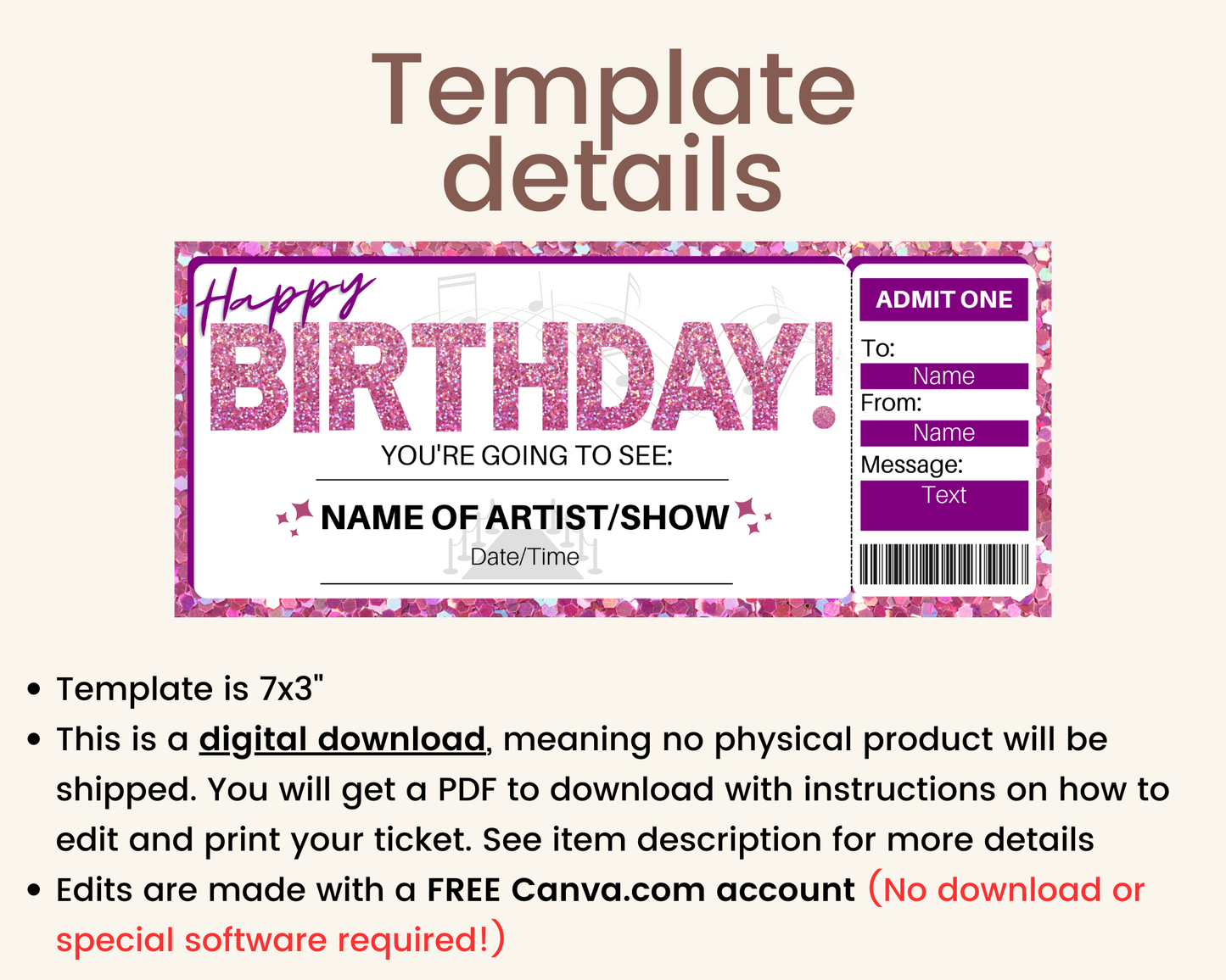 Birthday Concert Gift Ticket Template