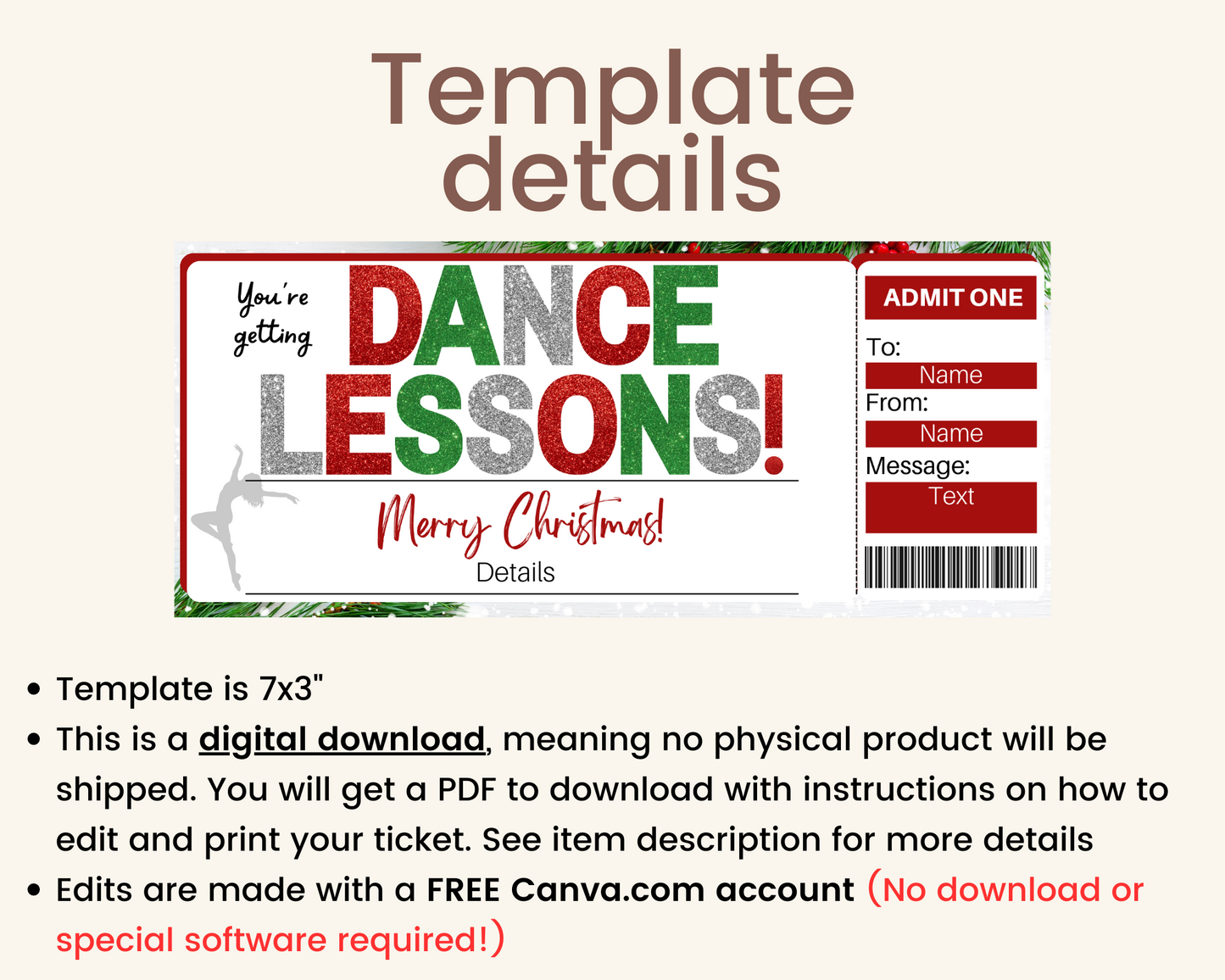 Christmas Dance Lessons Gift Ticket Template