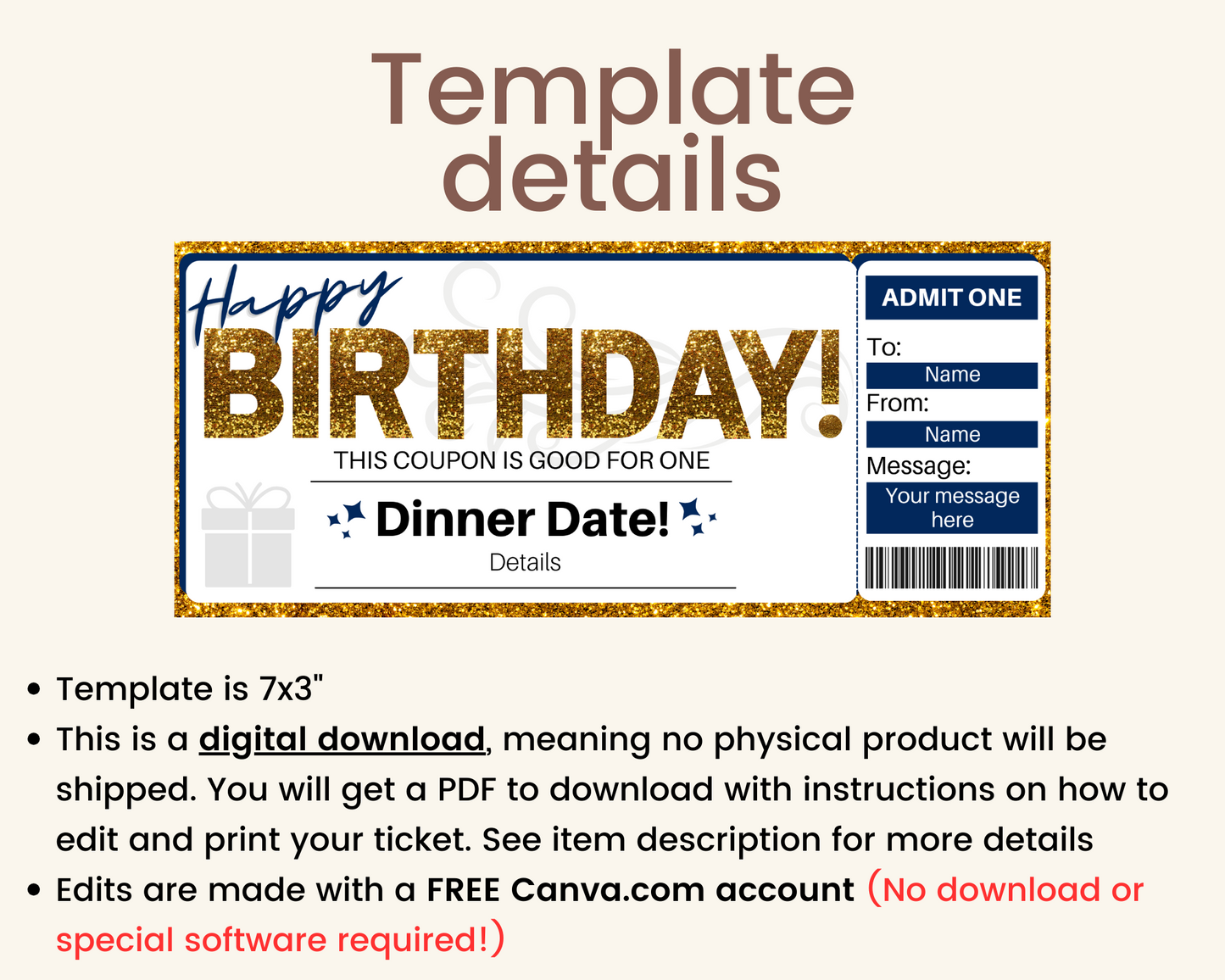 Birthday Dinner Date Gift Ticket Template