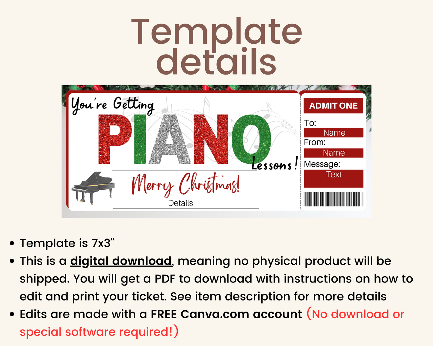 Christmas Piano Lessons Gift Ticket Template