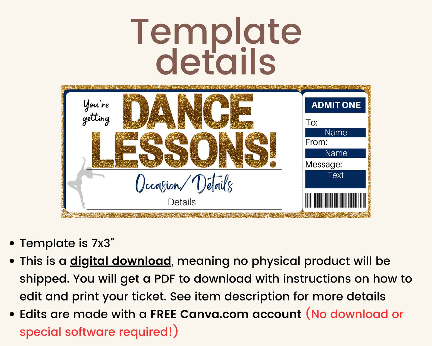 Dance Lessons Gift Ticket Template
