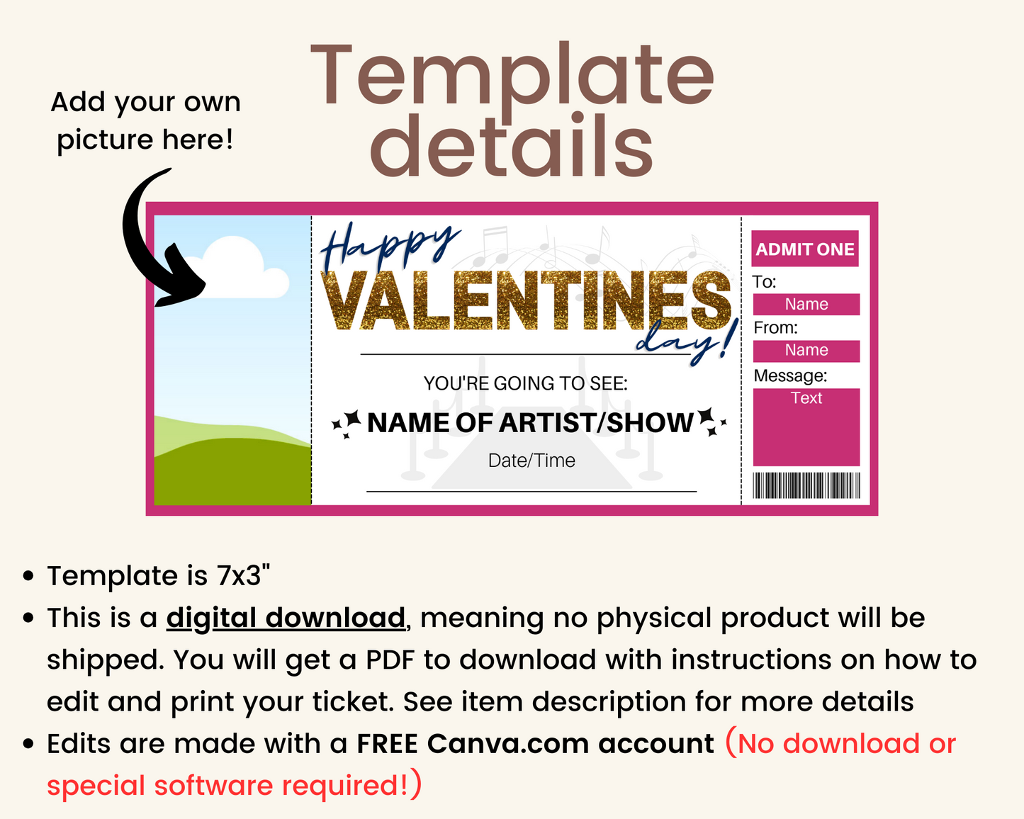 Valentine's Day Concert Ticket Template: Add your own image!
