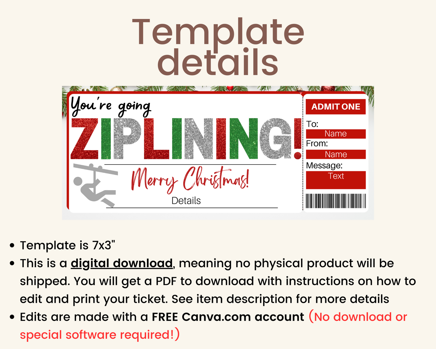Christmas Zip Lining Gift Ticket Template