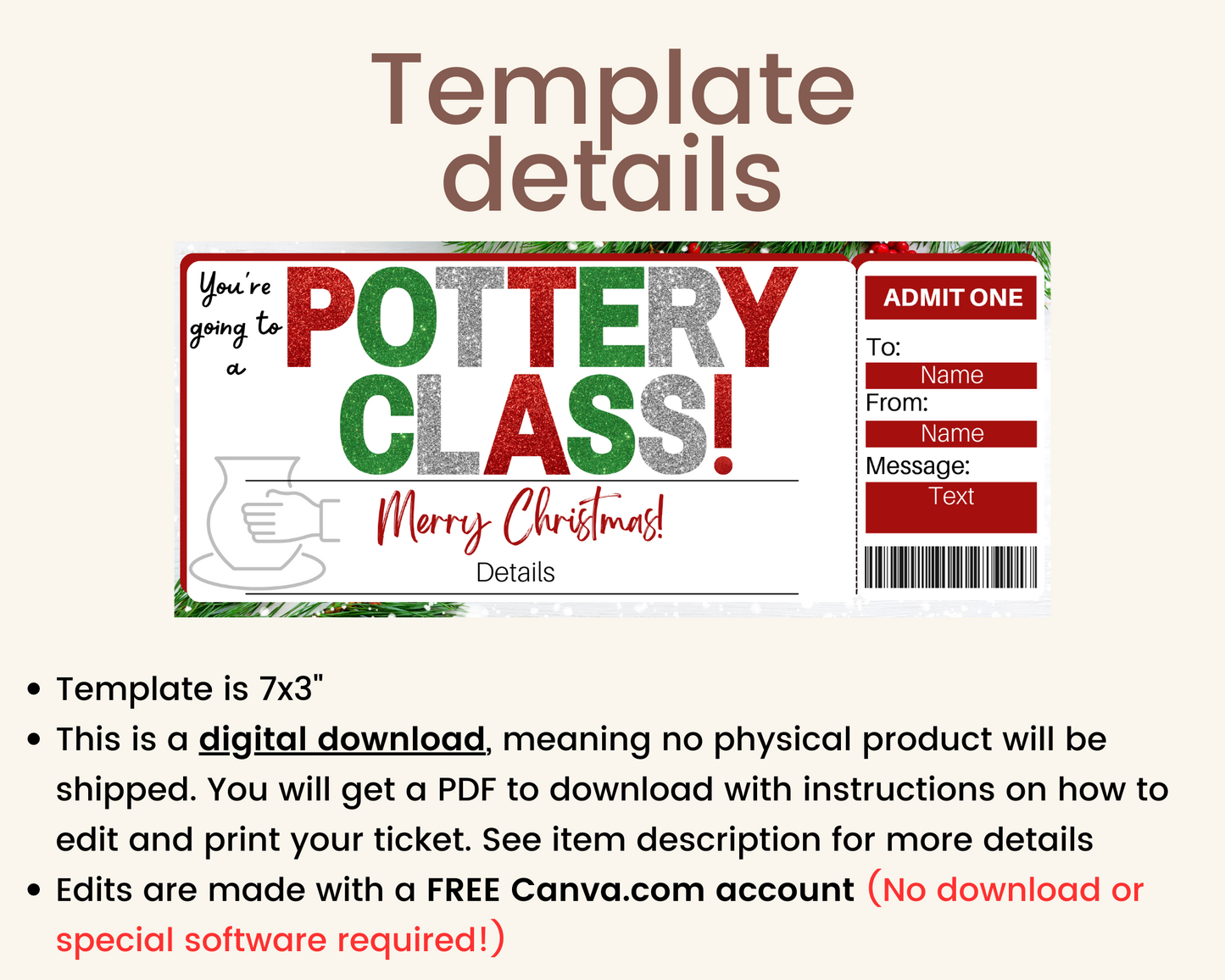 Christmas Pottery Class Gift Ticket Template