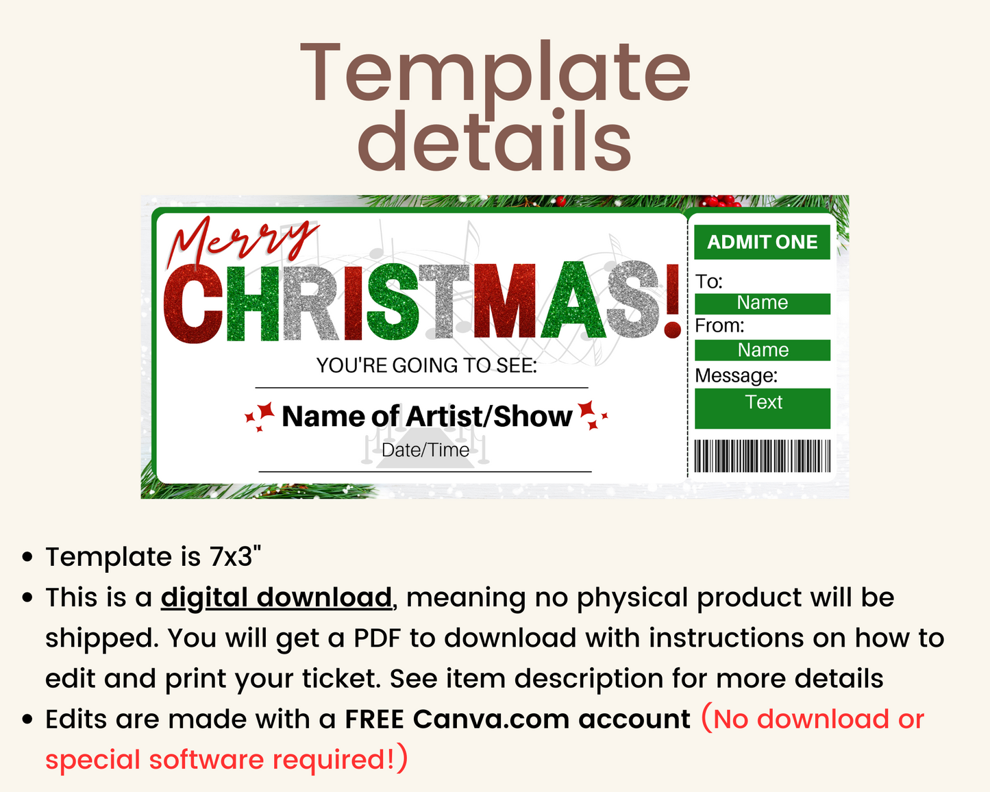 Merry Christmas Concert Ticket Gift Template