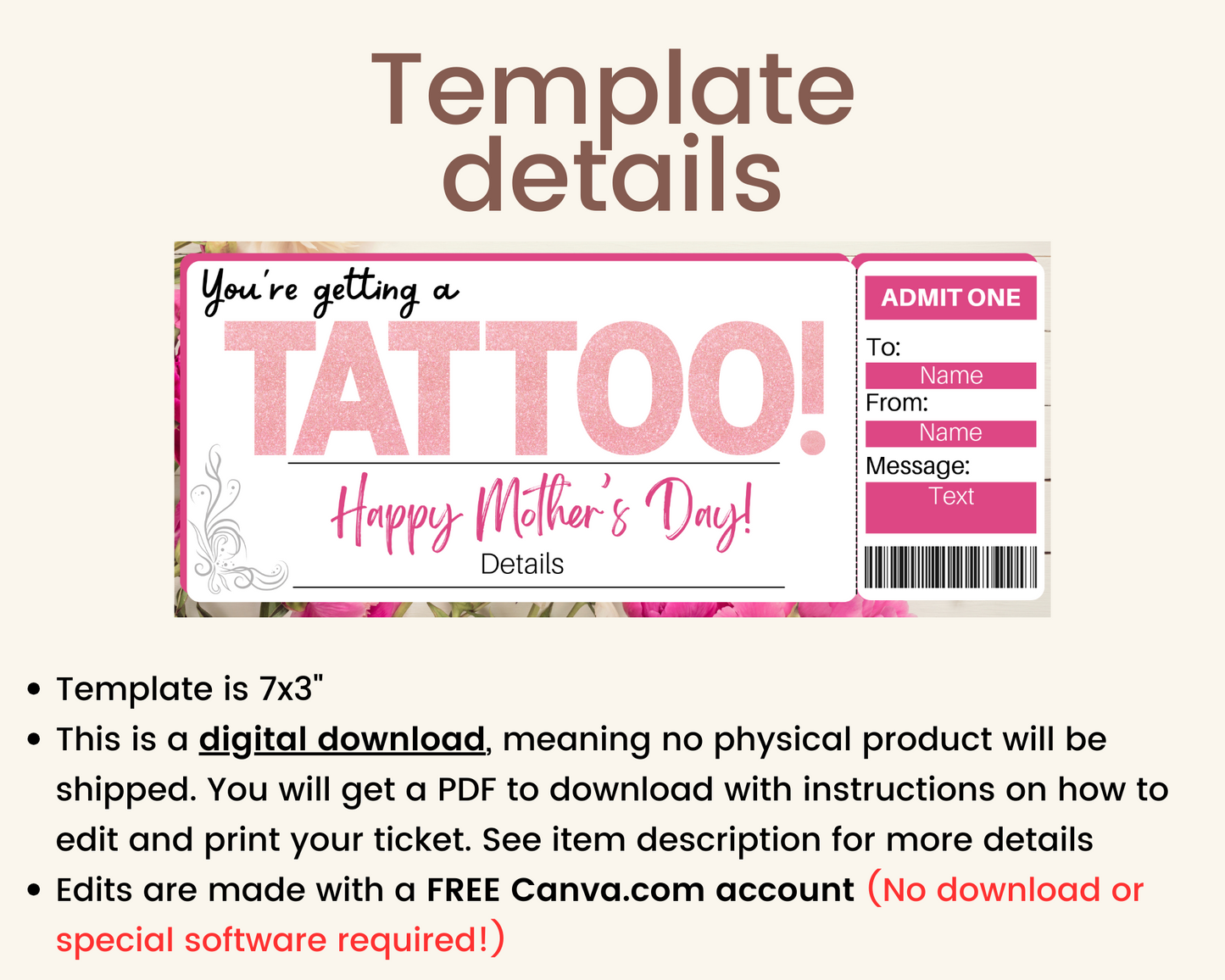 Mother's Day Tattoo Gift Ticket Template