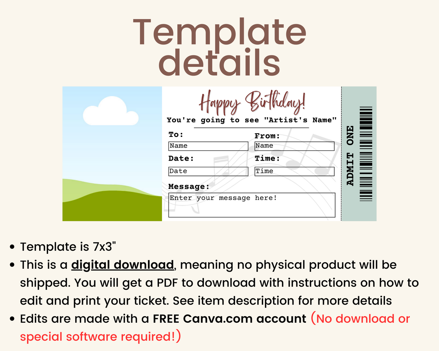 Happy Birthday Concert Ticket Template: Add your own picture!