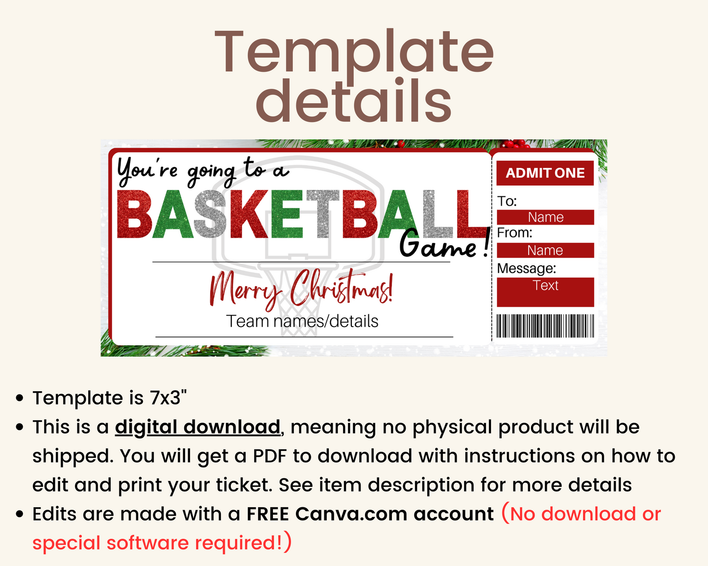 Christmas Basketball Game Gift Ticket
