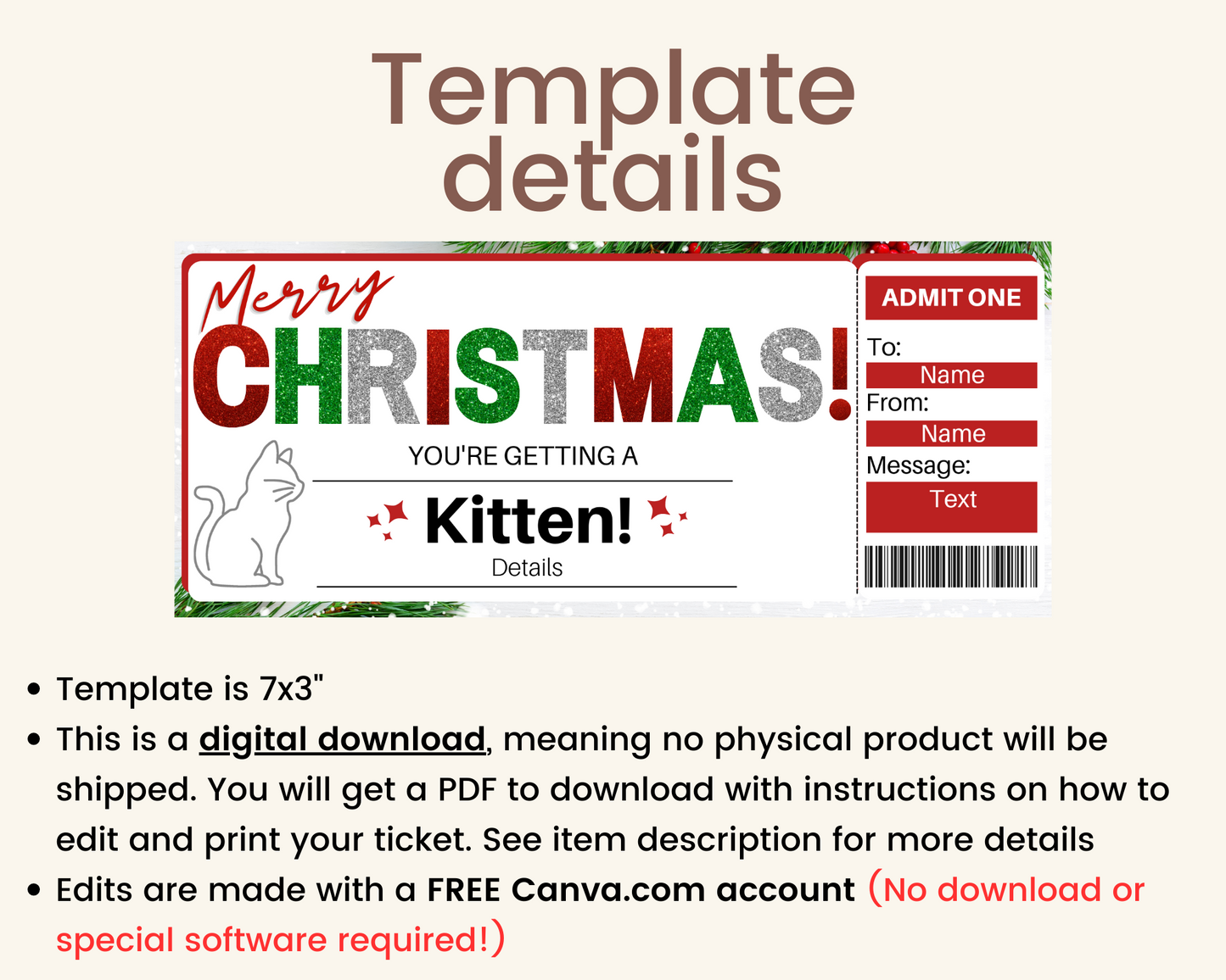 Christmas Surprise Kitten Gift Ticket