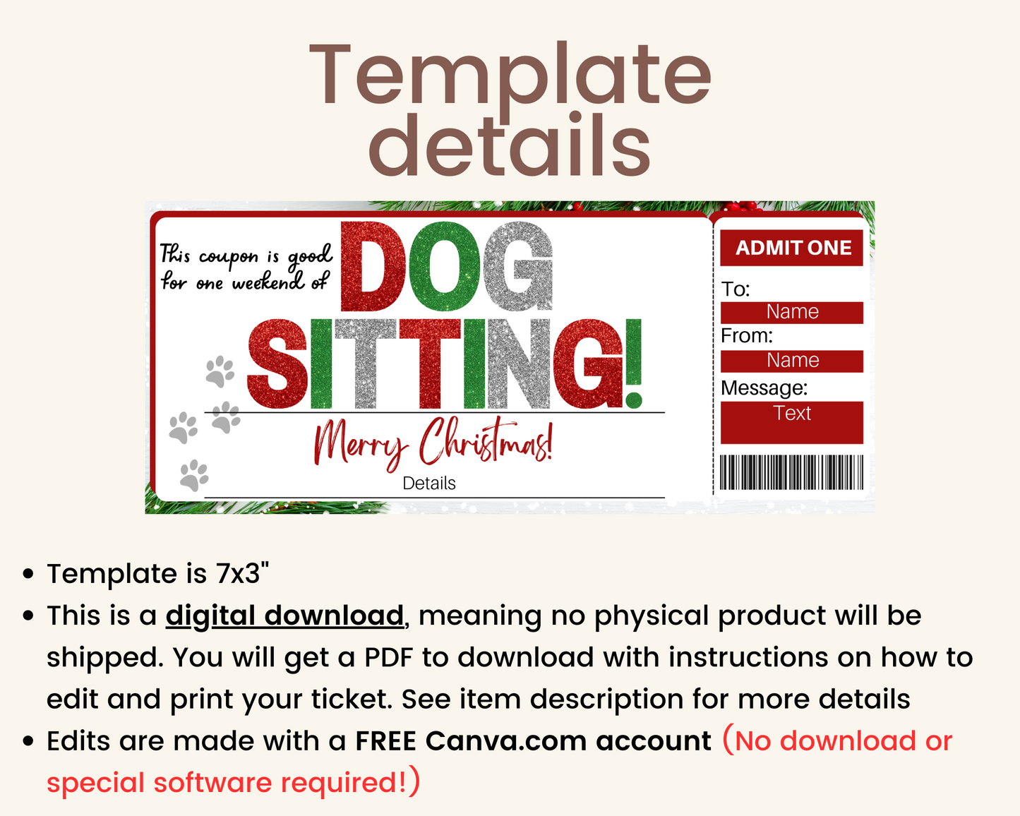 Christmas Dog Sitting Gift Ticket