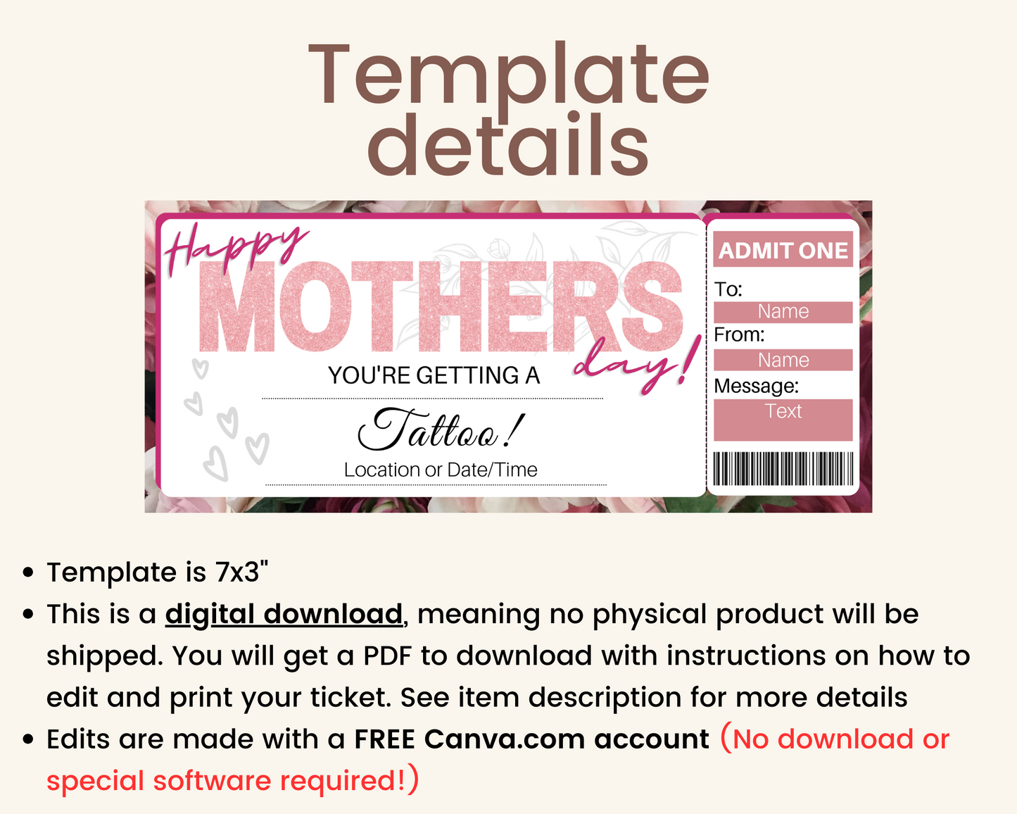Mother's Day Tattoo Gift Certificate Template