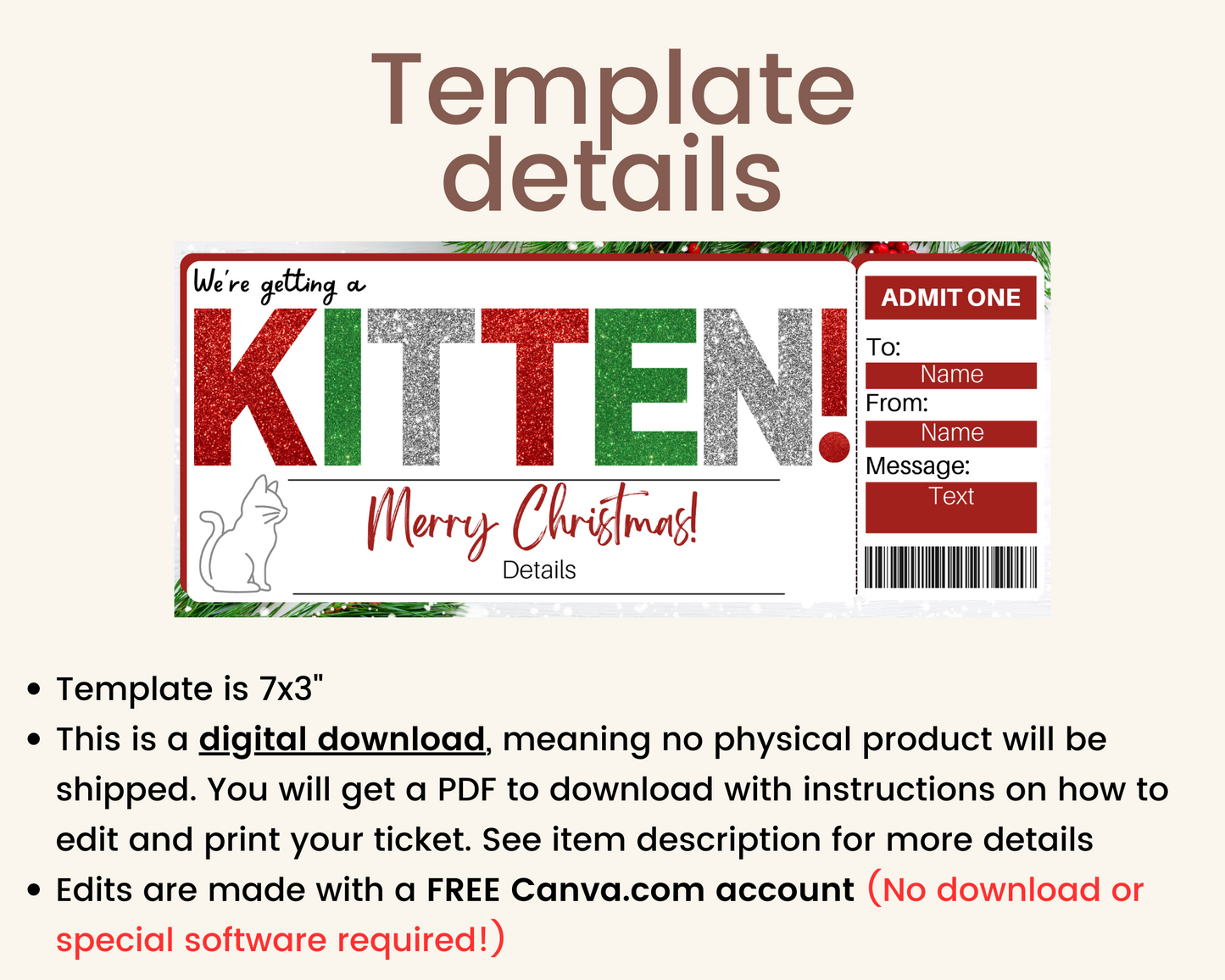 Christmas Kitten Gift Ticket Template