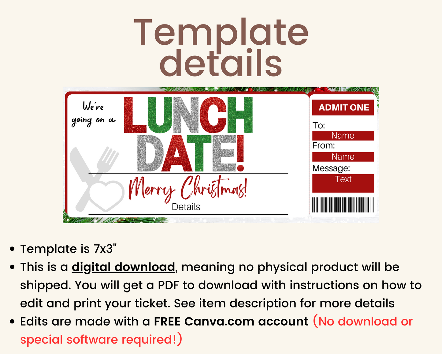 Christmas Lunch Date Gift Ticket Template