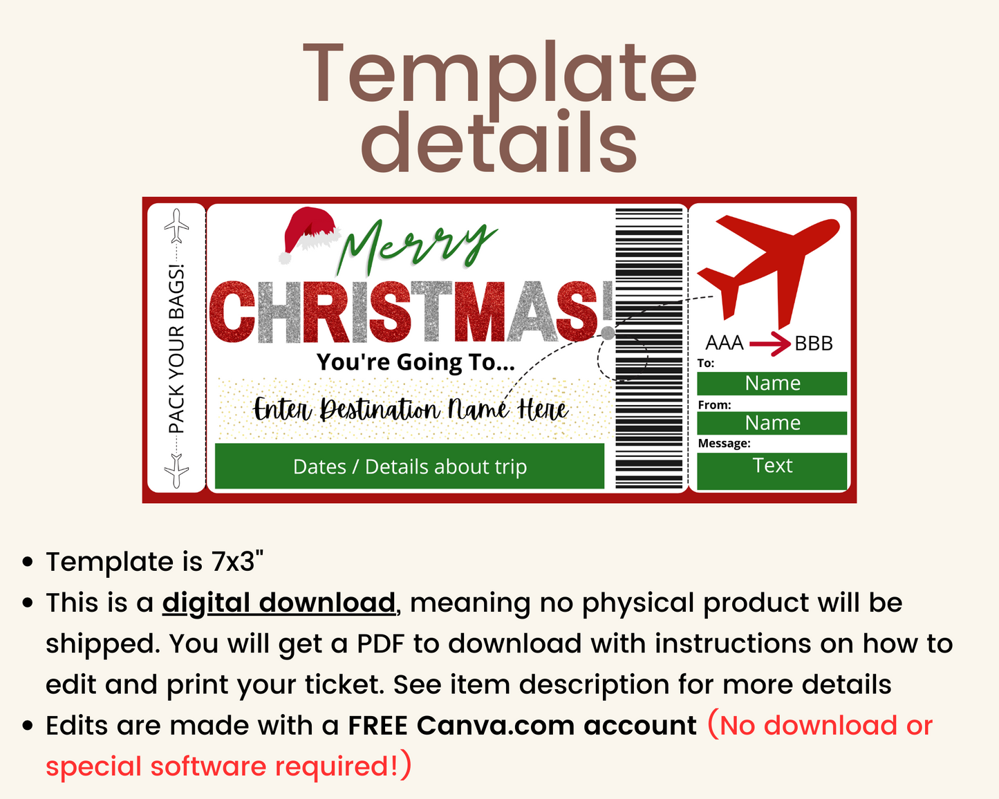 Merry Christmas Flight Ticket Template