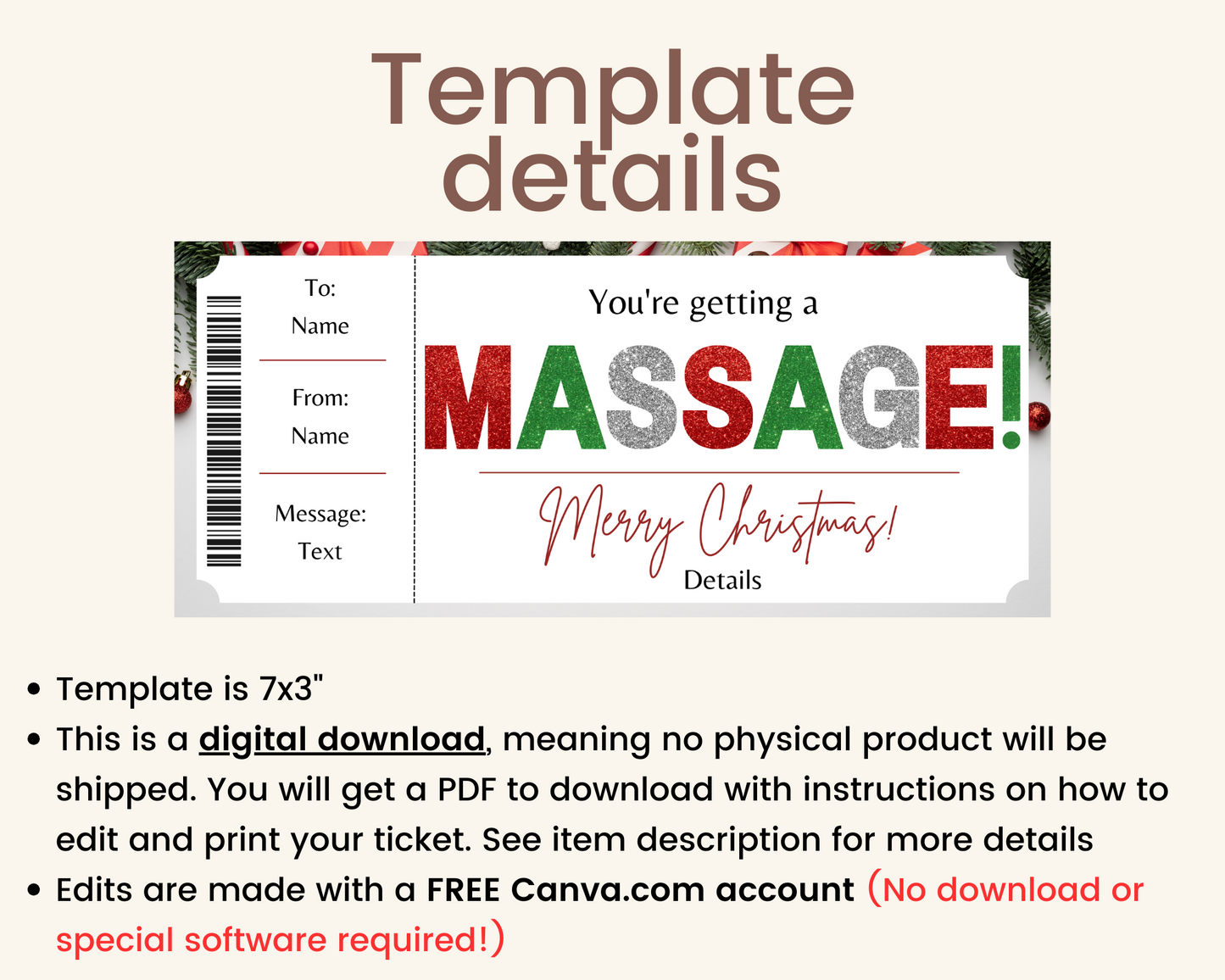 Christmas Surprise Massage Gift Ticket Template