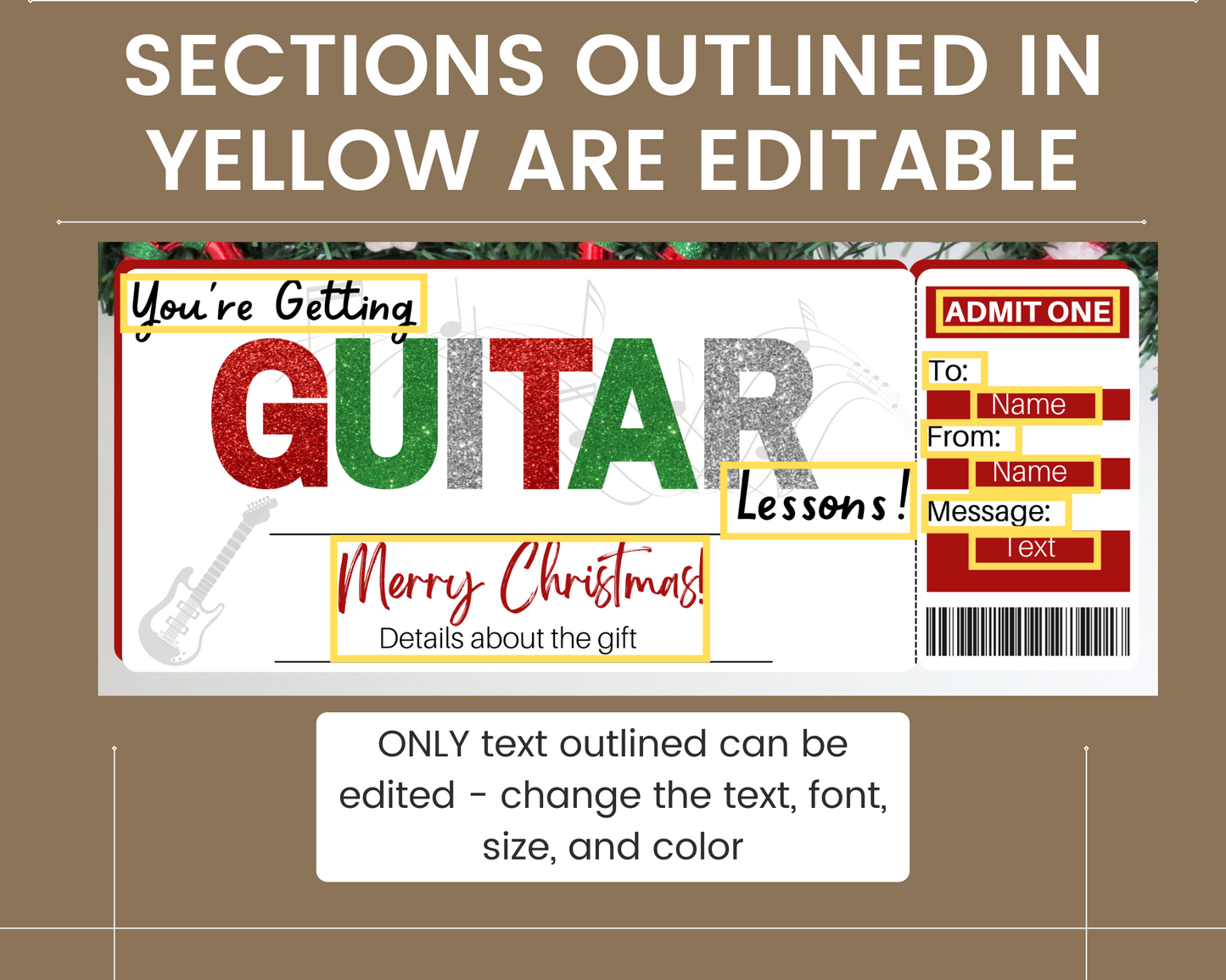 Christmas Guitar Lessons Gift Ticket Template