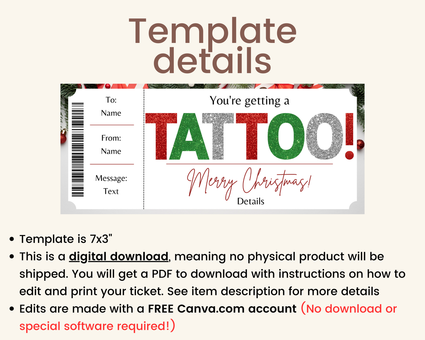 Christmas Tattoo Gift Certificate Template