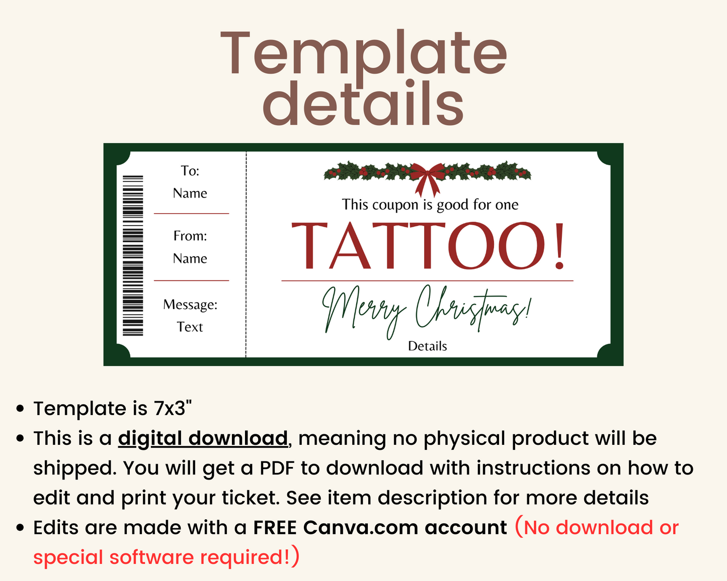 Christmas Tattoo Gift Certificate Template