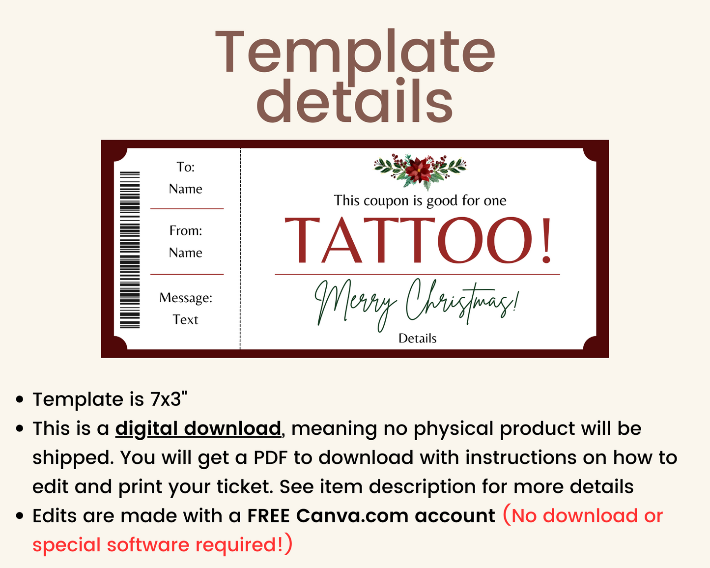 Merry Christmas Tattoo Gift Ticket Template