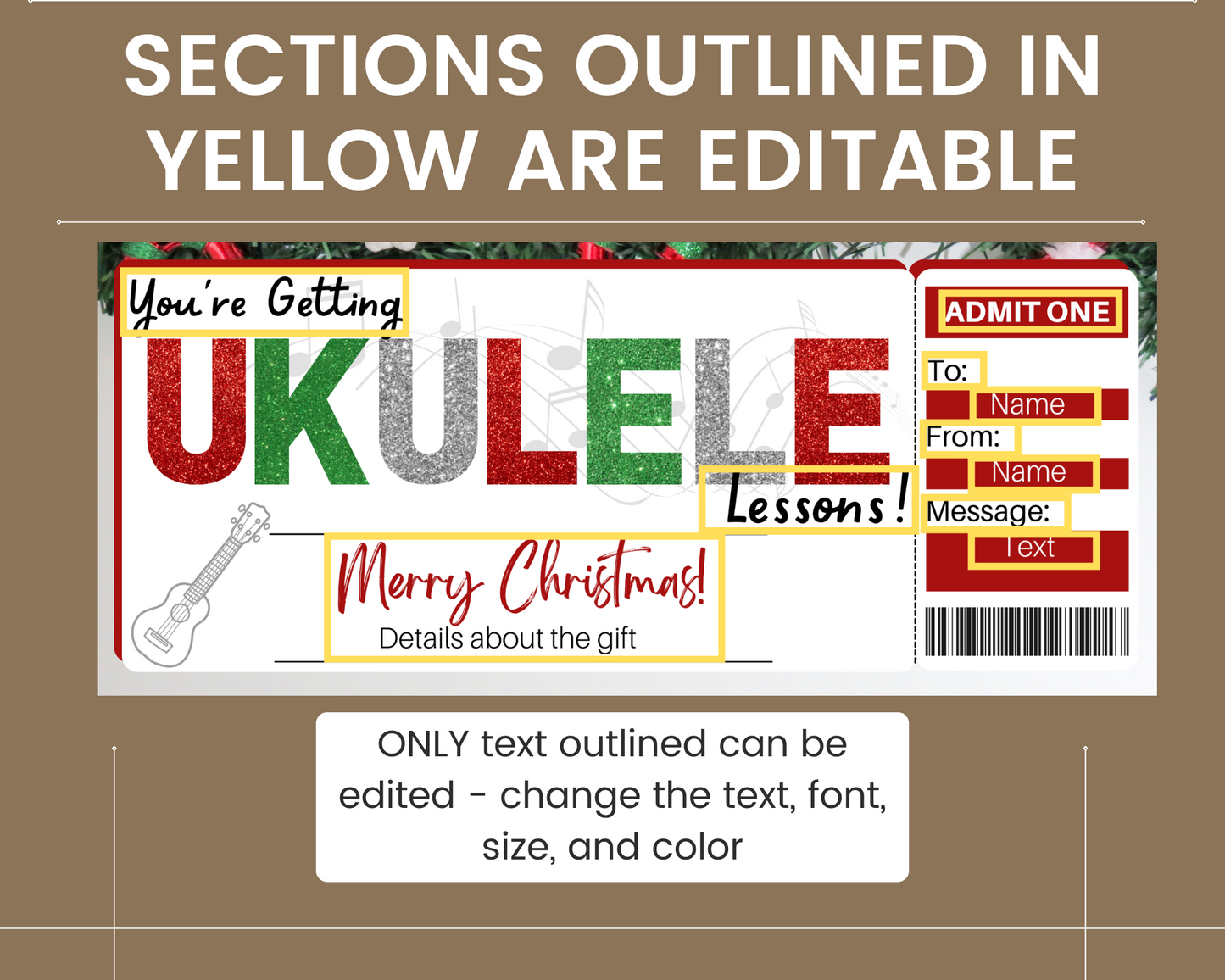 Christmas Ukulele Lessons Gift Ticket Template