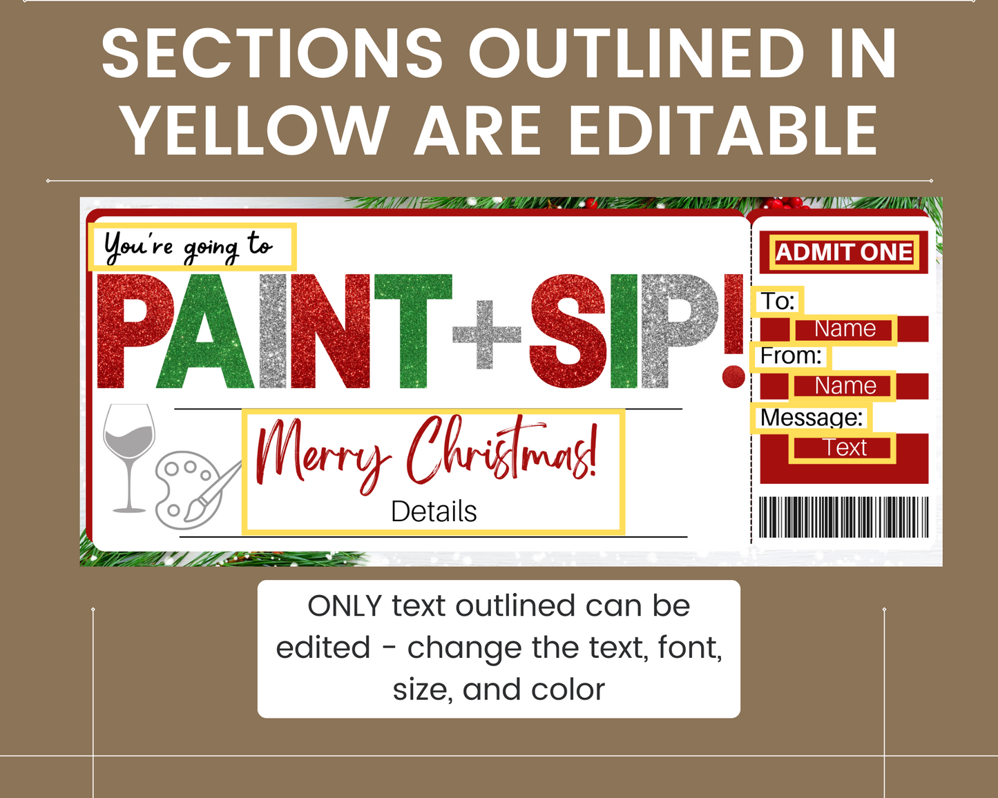 Christmas Paint and Sip Gift Ticket Template