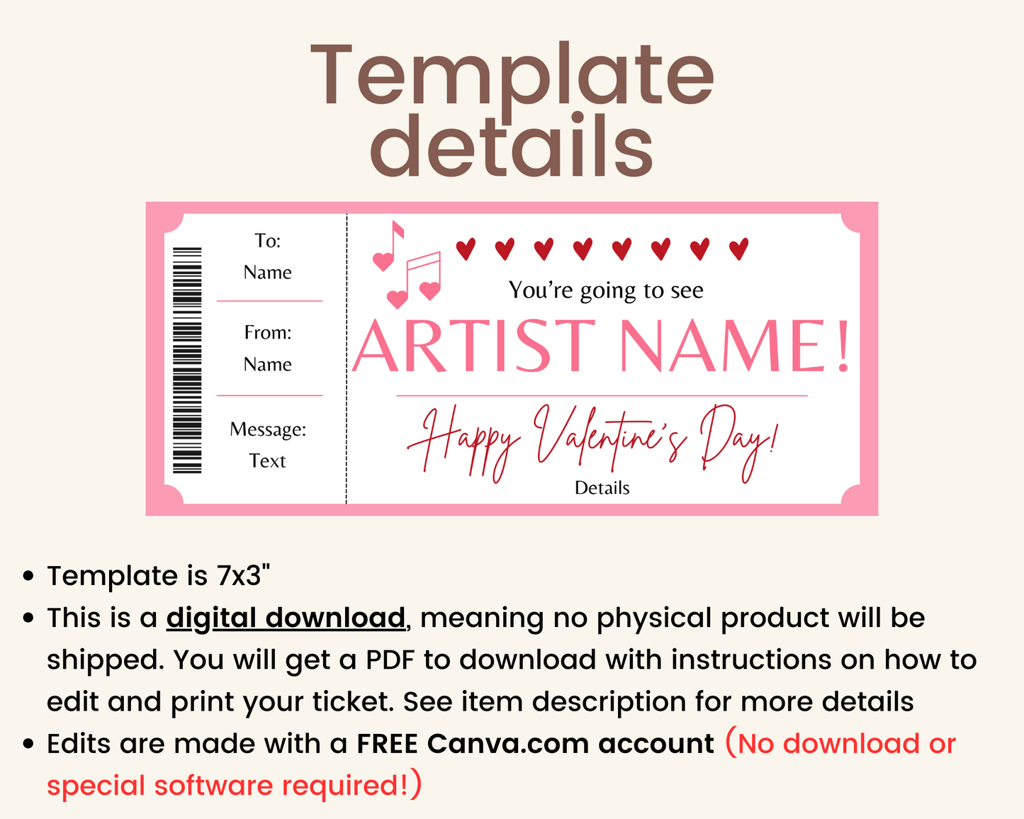 Valentine's Day Printable Concert Ticket Template