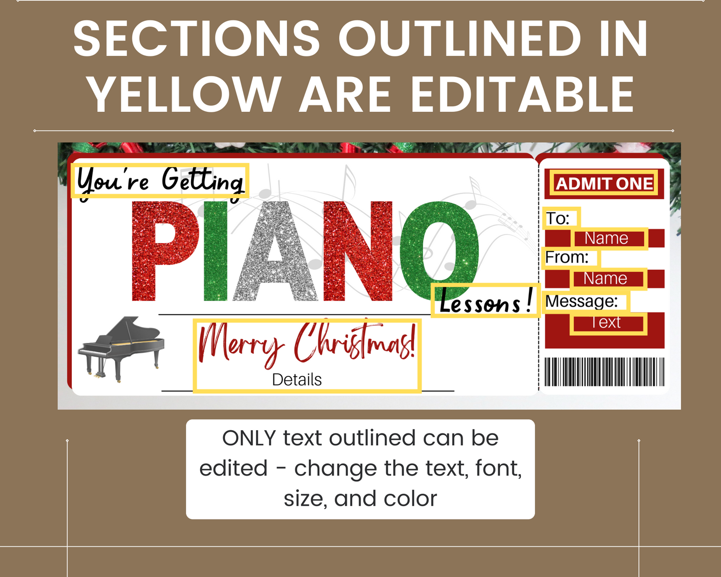 Christmas Piano Lessons Gift Ticket Template