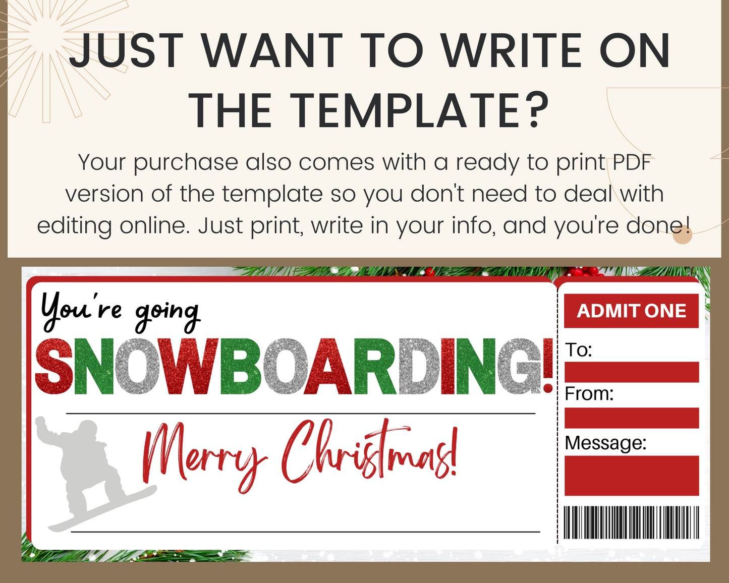 Christmas Snowboarding Gift Ticket
