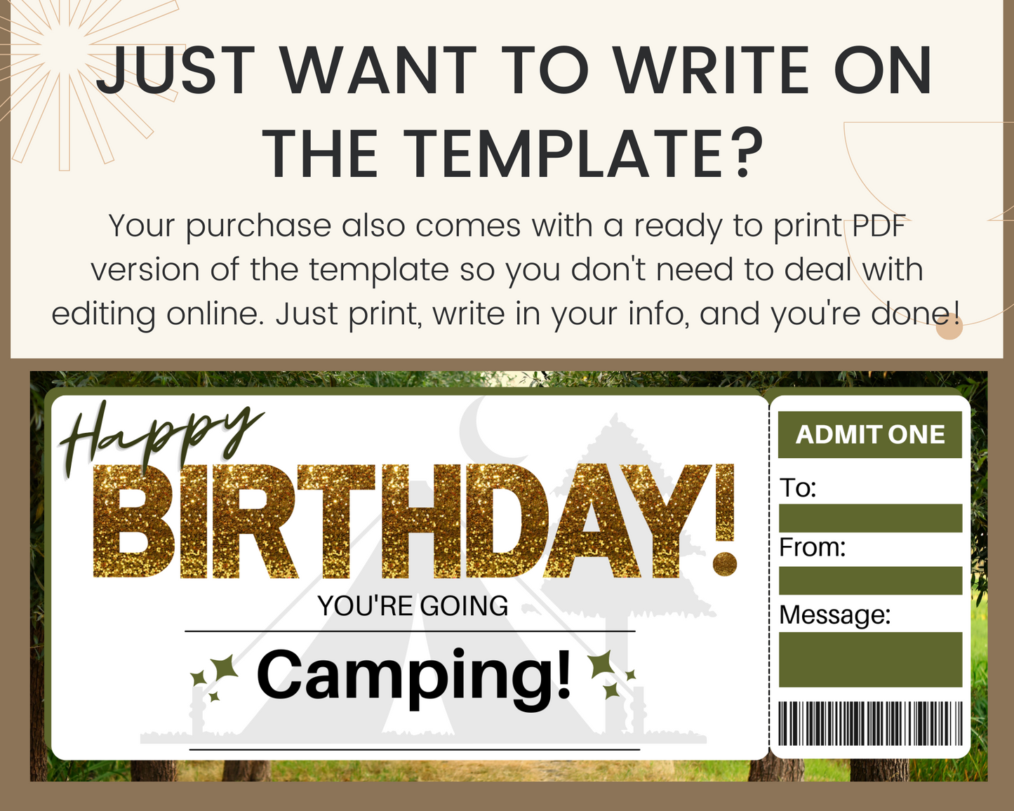Birthday Camping Gift Ticket Template