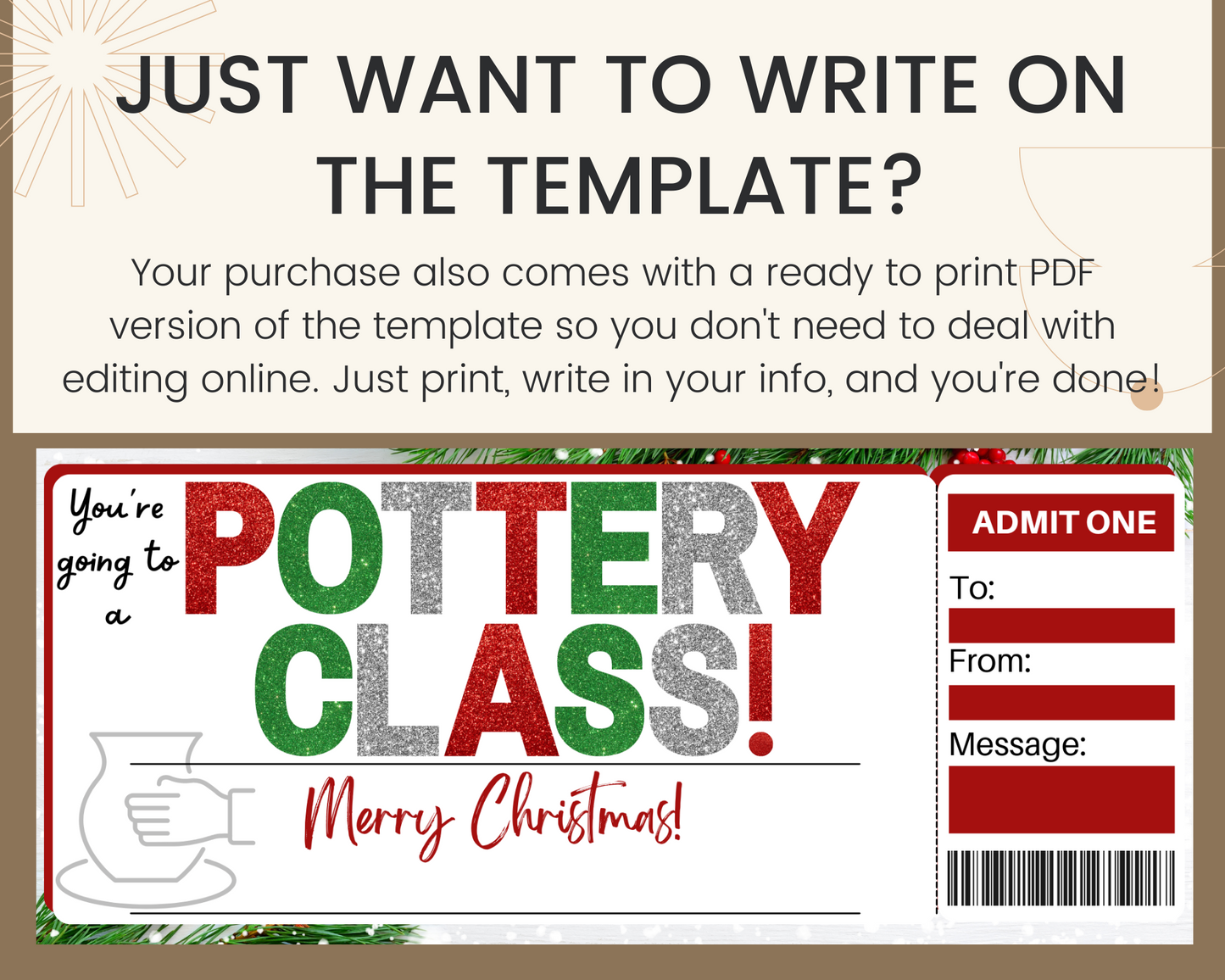 Christmas Pottery Class Gift Ticket Template