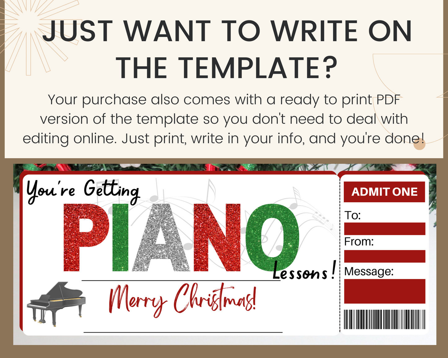 Christmas Piano Lessons Gift Ticket Template