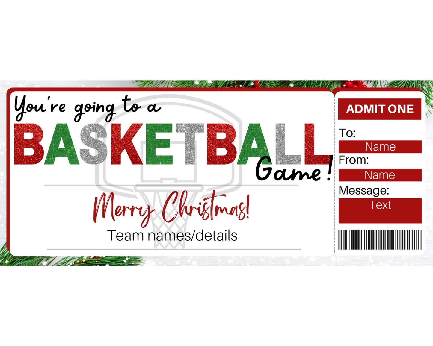 Christmas Basketball Game Gift Ticket