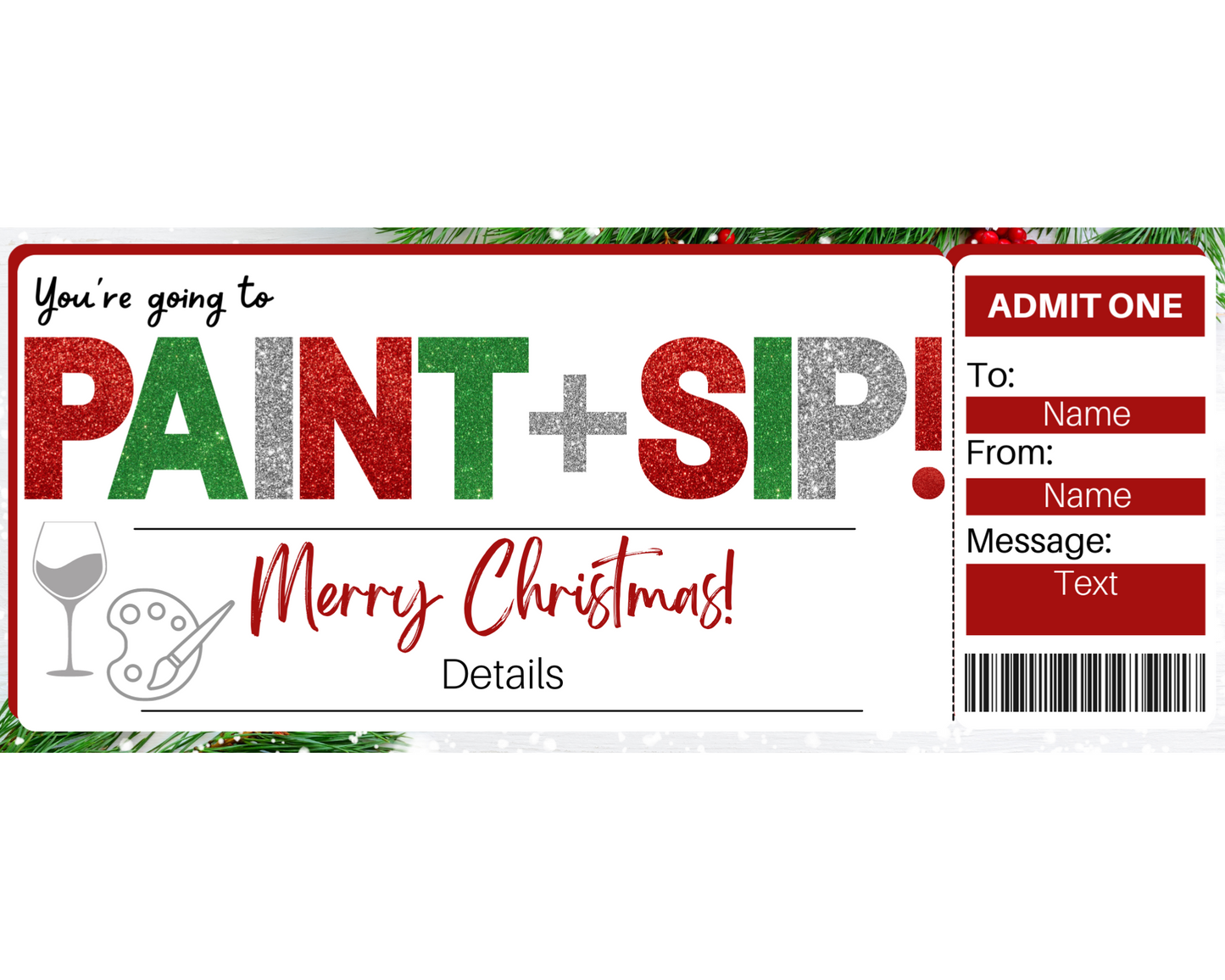 Christmas Paint and Sip Gift Ticket Template