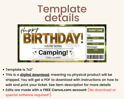 Birthday Camping Gift Ticket Template