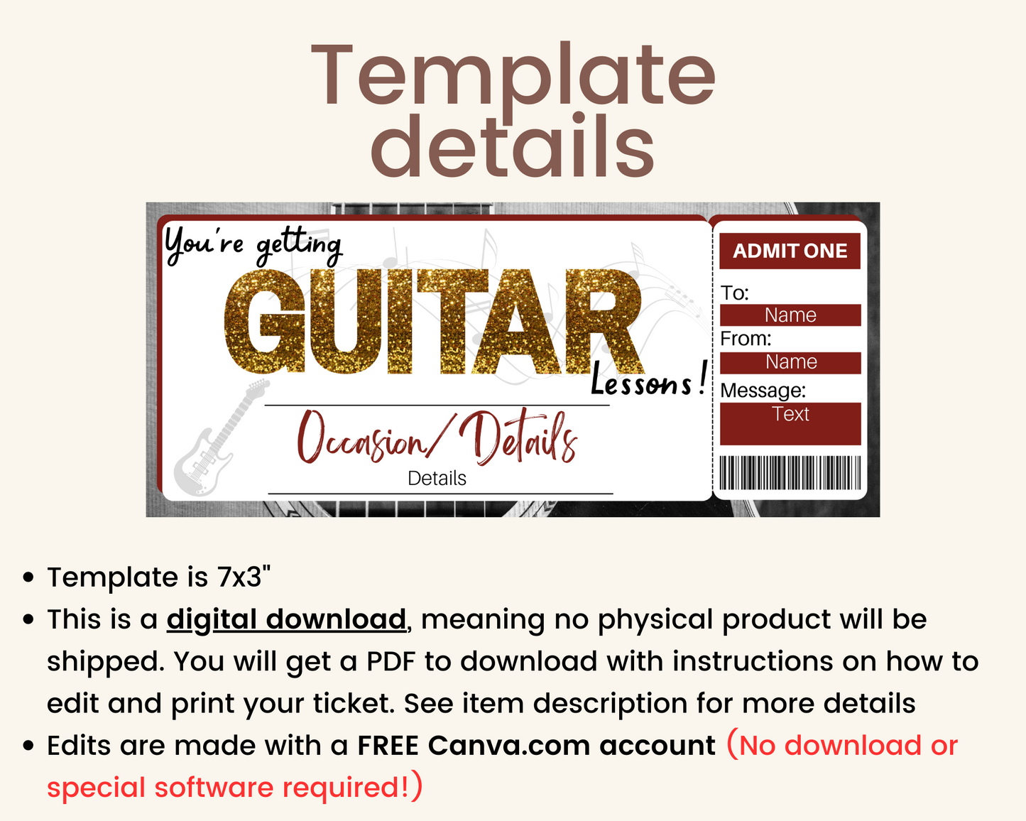 Guitar Lessons Gift Ticket Template