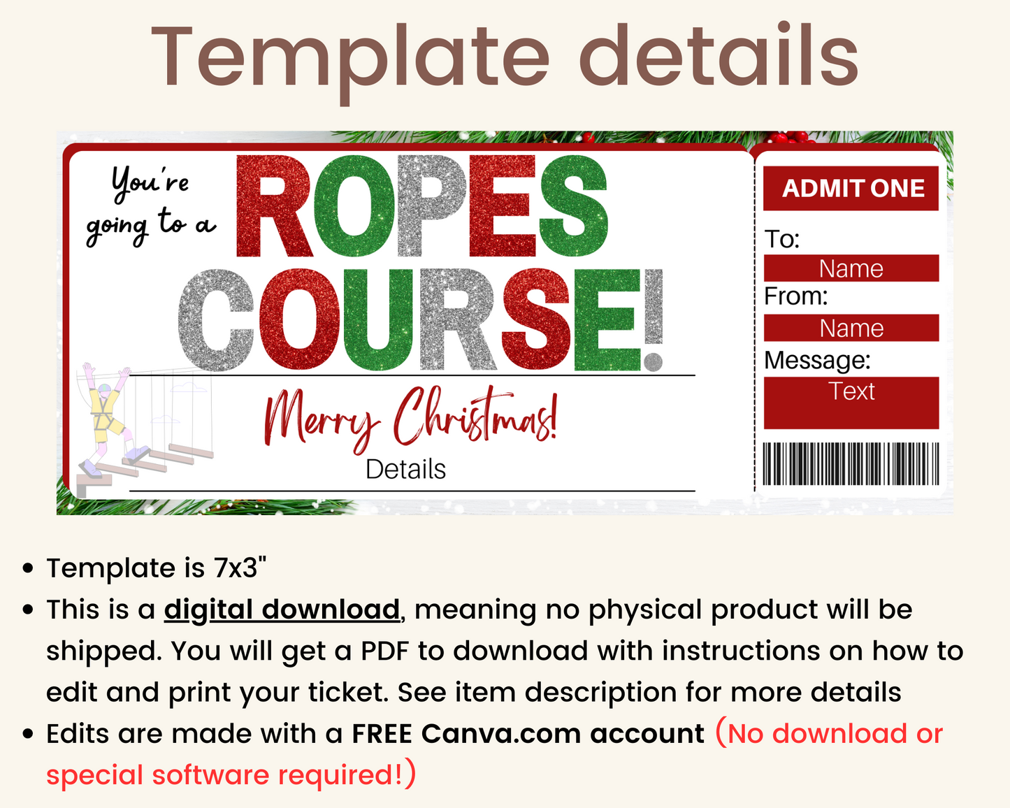 Christmas Ropes Course Gift Ticket Template