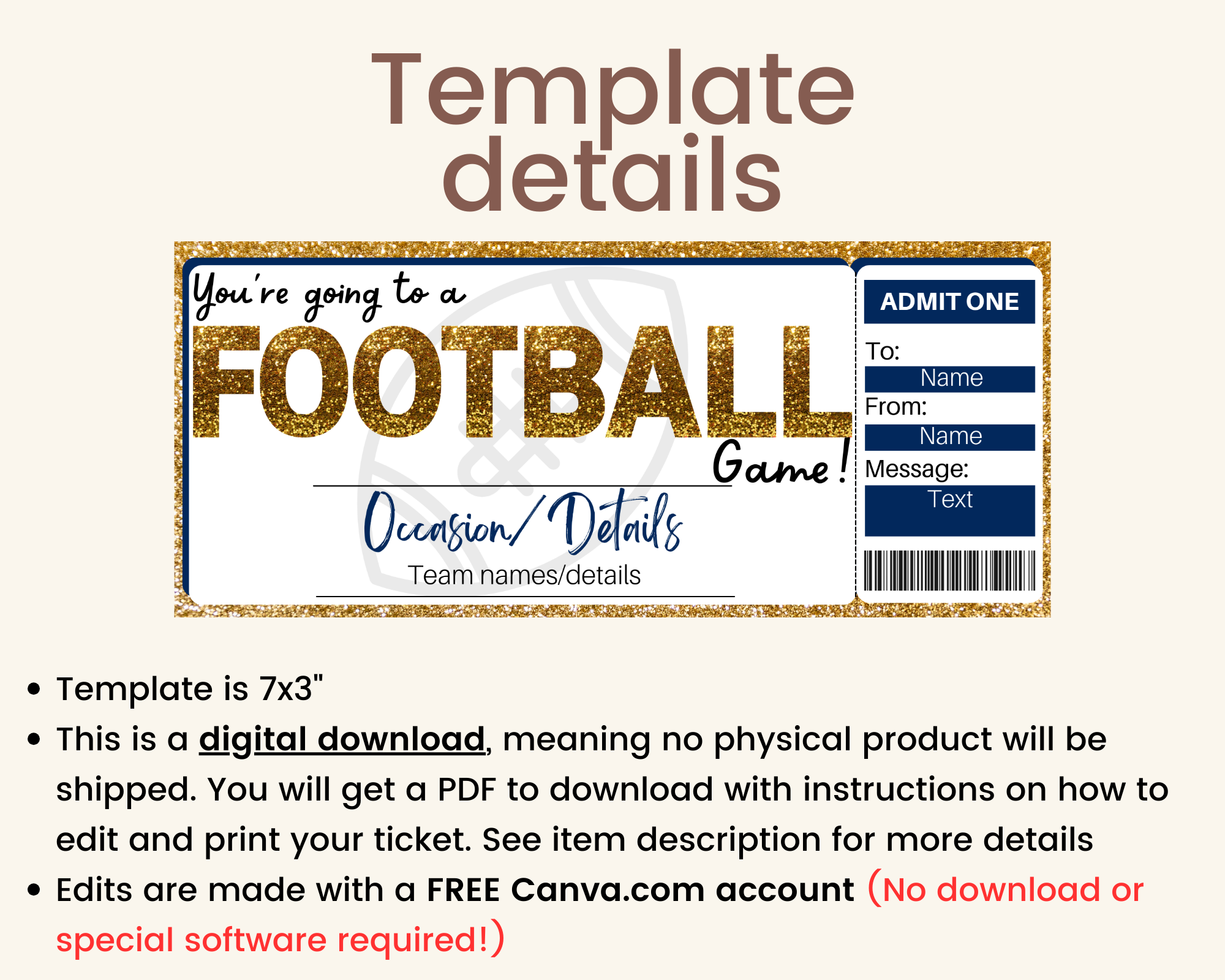 Printable Football Game Ticket Template Printed Smile Shop
