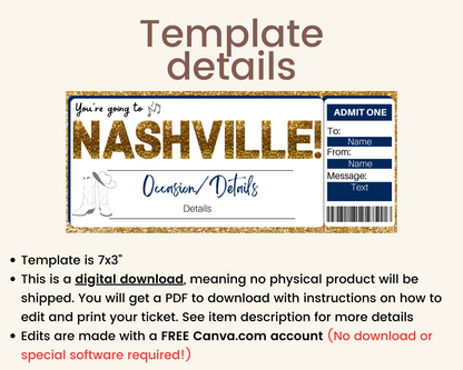 Nashville Boarding Pass Gift Template