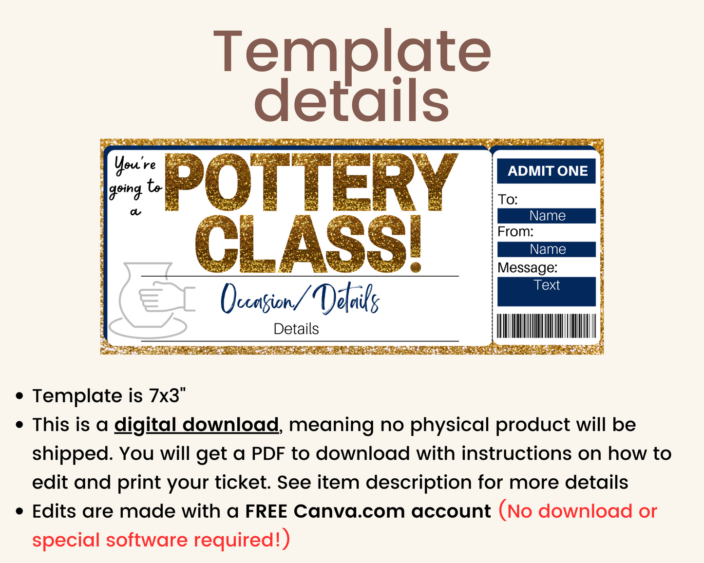 Pottery Class Gift Ticket Template
