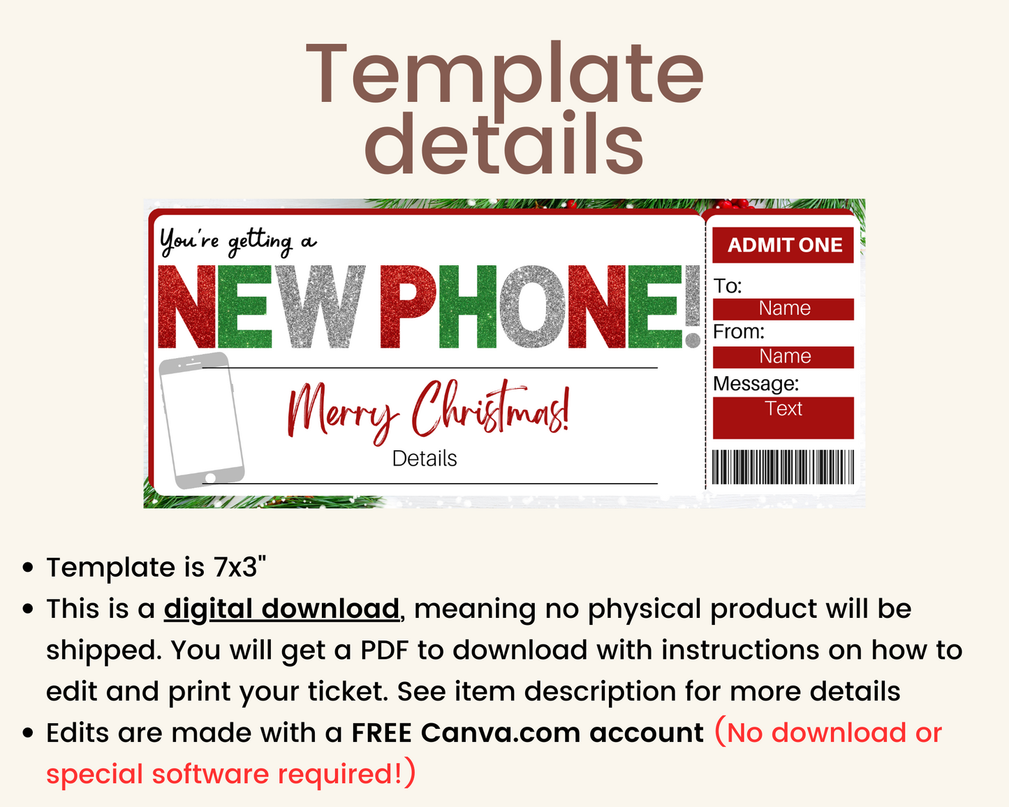 Christmas New Phone Gift Ticket Template