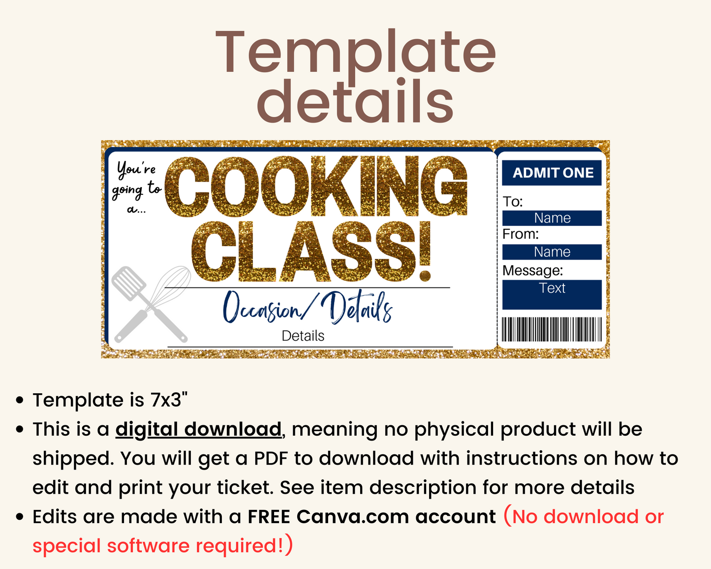 Cooking Class Gift Ticket Template