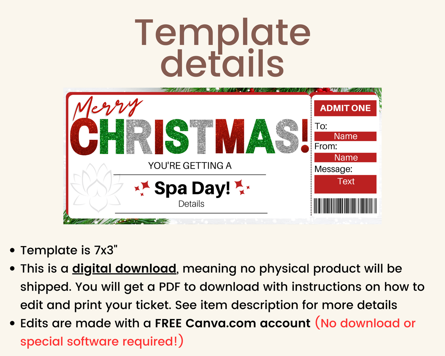 Christmas Spa Day Gift Ticket Template