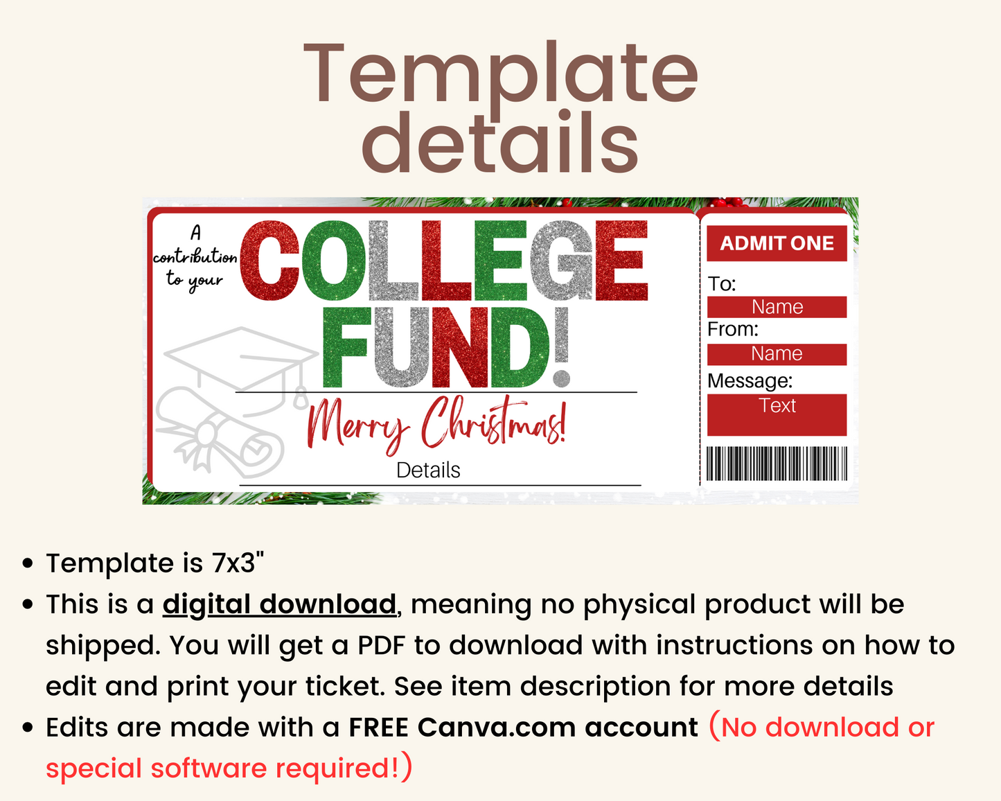 Christmas College Fund Gift Ticket Template