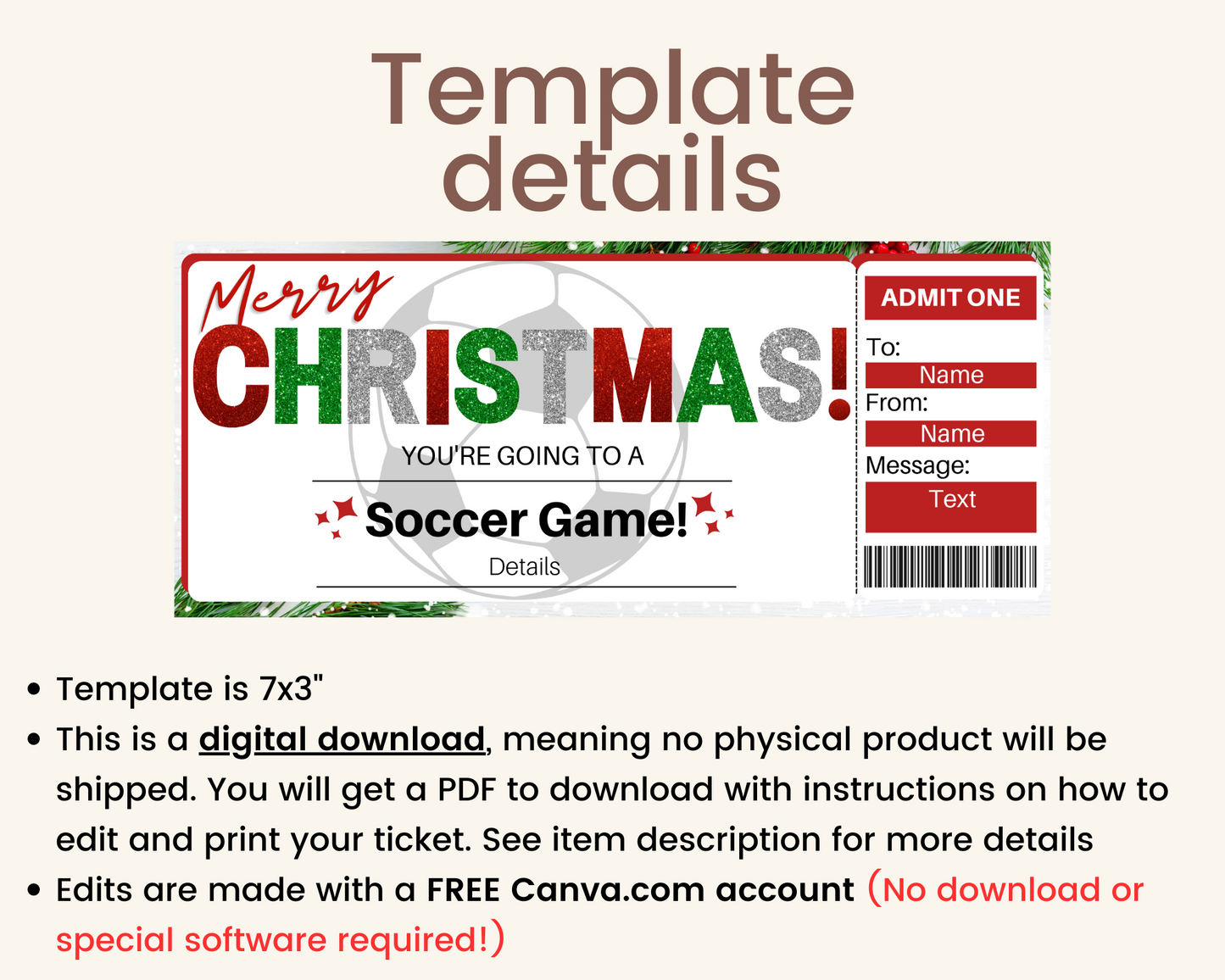 Christmas Soccer Game Ticket Template