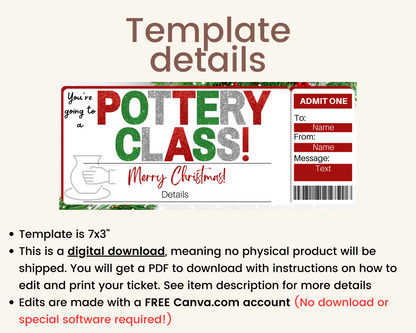 Christmas Pottery Class Gift Ticket Template