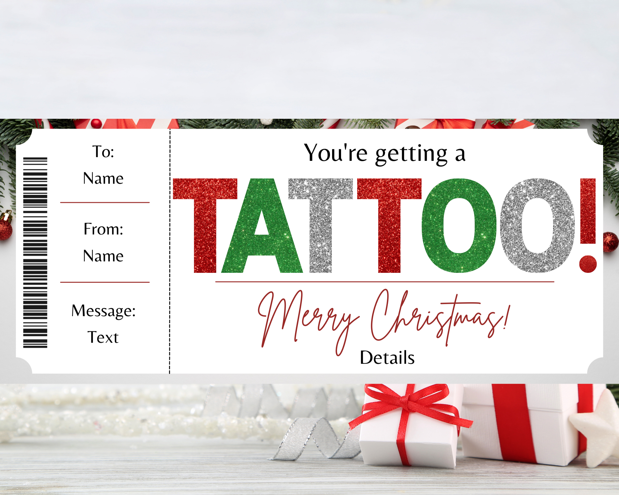 EDITABLE Christmas Tattoo Gift Voucher Template , Tattoo Gift Idea,  Printable Tattoo Gift Certificate, Birthday Ticket INSTANT DOWNLOAD - Etsy