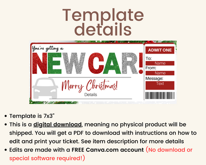 Christmas New Car Gift Ticket Template